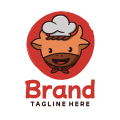 Cute Cow Chef Head Mascot Food Logo Design