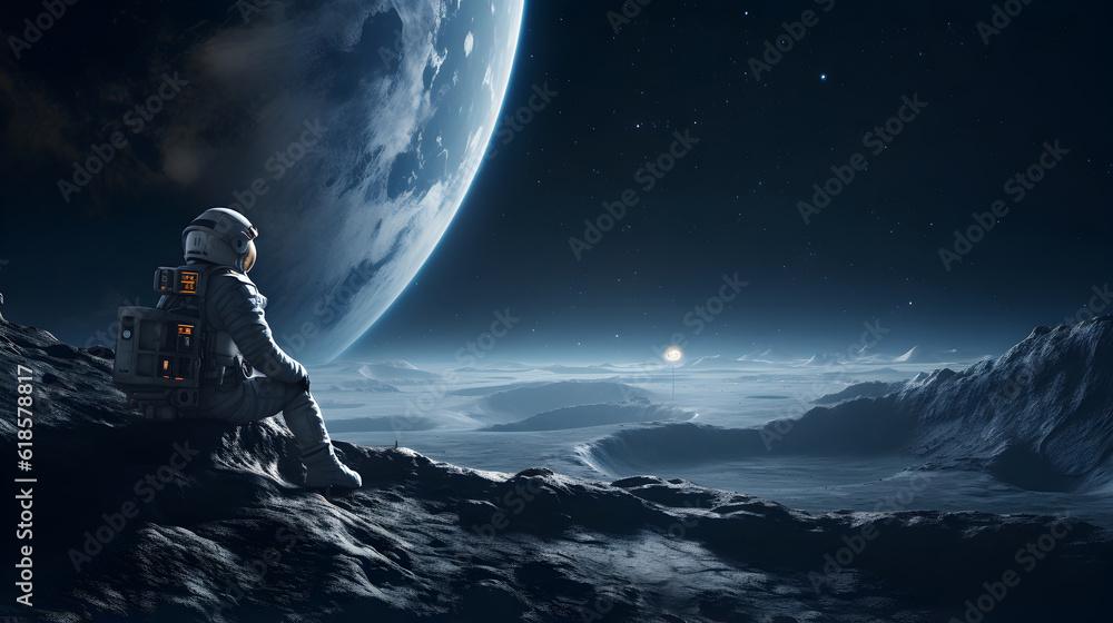 Wall mural spaceman or astronaut on the surface of moon. ai generated.