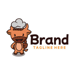 Cute Cow Chef Mascot Thumbs Up Food Logo Design