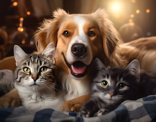 Portrait of a cute pet dog and two pussies together. AI generated