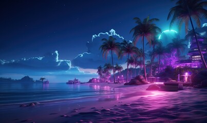 Beach resort at night with neon lights &mdash; Generative AI