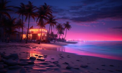 Beach house at night with neon lights &mdash; Generative AI