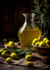 Bottle of olive oil and olives on light rustic and stone background. Olive oil for cooking. Generative AI 