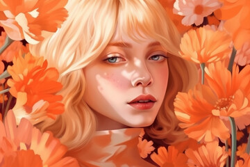 beauty woman nature trend face tender pastel colourful flower portrait girl. Generative AI.