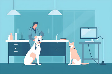 Obraz premium Flat vector illustration happy doctor with dog at vet clinic (