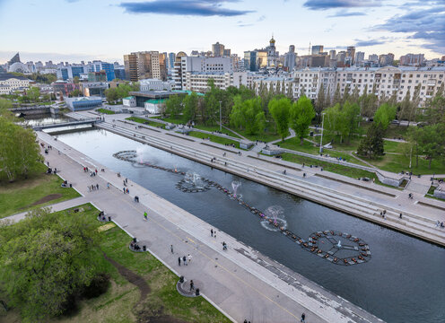 Embankment of the central pond and musical fountain. The historic center of the city of Yekaterinburg, Russia, Aerial View