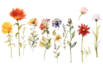 Obraz na płótnie Canvas Generative AI images , Various watercolor painting of summer flowers on white background, isolated flowers on white background
