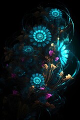 Generative AI images, fluorescent tulips flower on black background
