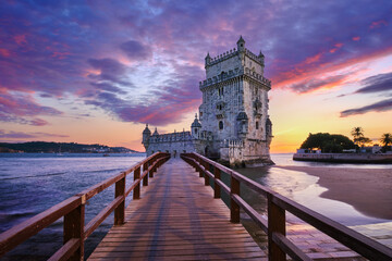 Belem Tower or Tower of St Vincent - famous tourist landmark of Lisboa and tourism attraction - on...