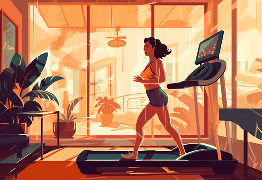sport woman lifestyle treadmill health fit training boho run fitness style exercise. Generative AI.