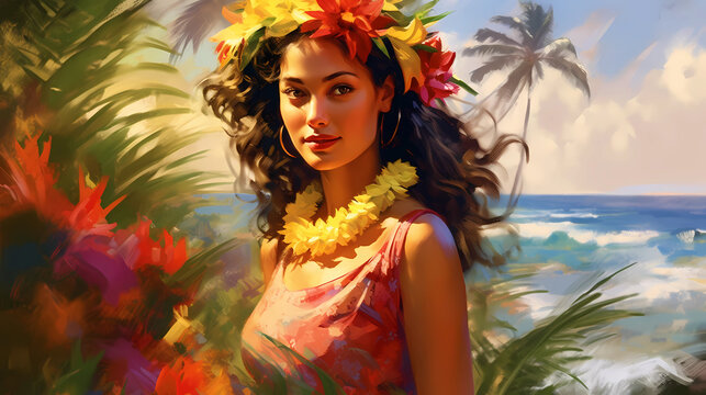 Illustration of traditional hawaiian lifestyle on an island, Hawaii, USA