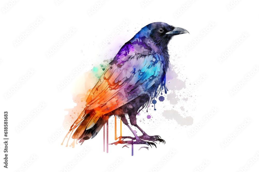 Poster raven drawn with multi-colored watercolors isolated on a white background. generated by ai