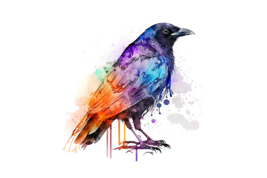 Raven drawn with multi-colored watercolors isolated on a white background. Generated by AI