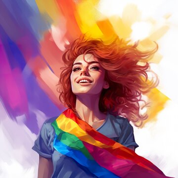 cheerful colorful gay woman on rainbow background, lgbt concept, generative AI
