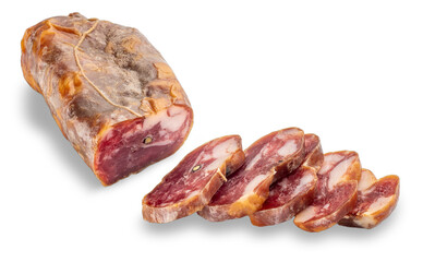 Italian salami called soppressata made from lean pork from the thigh and tenderloin, Sausage cut with slices isolated