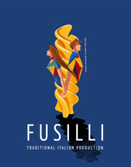 fusilli vintage illustration with man and woman for pasta production