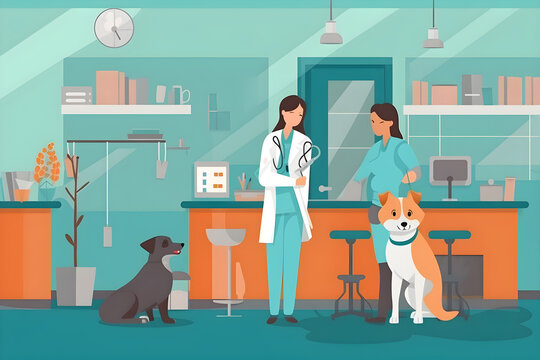  Flat vector illustration happy doctor with dog at vet clinic (