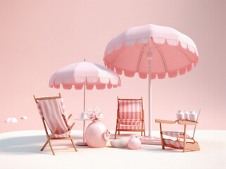 summer parasol umbrella chair pink sun holiday vacation sand retro. Generative AI.