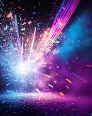Fototapeta na wymiar Photo of purple and blue fireworks with confetti