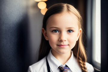 Digital portrait of cute little school girl in front of the blackboard, wearing in school uniform. Back to School concept. Generative AI