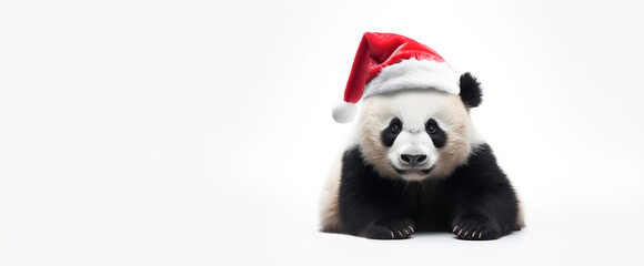 Clumsy cute panda bear in santa claus hat, white background copy space. New Year, holiday concept