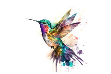 Obraz premium hummingbird draw with multicolored watercolor paints isolated on white background. Generated by AI