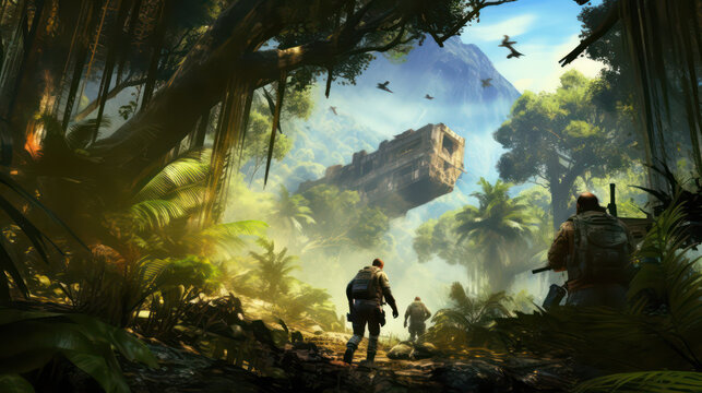 Enchanting Wilderness: Exploring Majestic Landscapes and Adventure in the Lush Jungle, Digital illustration AI Generative