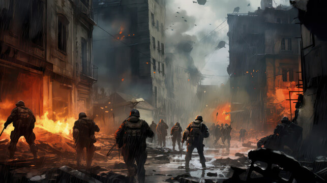 Special Forces in Burning City to Stop War and Riot AI Generative
