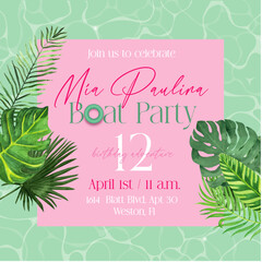 Obraz premium Boat Party Invitation Tropical Birthday Leaves