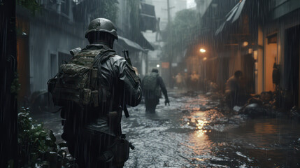 Fototapeta na wymiar Police in Modern Warfare and Game Art in Flooded Village Road AI Generative