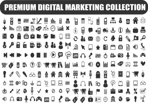 black and white icons set of 200 premium Digital Marketing web icons in FLAT/LINE style icon pack with Social, networks, feedback, communication, marketing, and e-commerce. Vector illustr