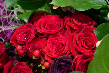 Natural red roses background. Red roses composition background. Fresh flowers wall.