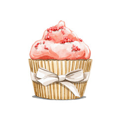 Watercolor vintage delicious food cute cupcake with pink rose cream and bow isolated on white background. Hand drawn illustration sketch