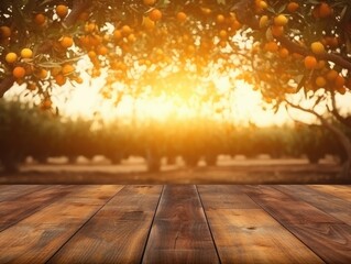 Naklejka na ściany i meble wooden panel in an orange tree orchard at sunset Generative AI