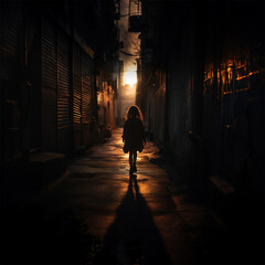 Young girl walking in a deserted alley at sunset Generative AI Artwork 