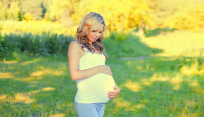 Naklejka na ściany i meble Portrait of happy young pregnant woman walking in summer park