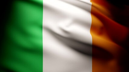 Waving flag of ireland. Irish flag slow motion photorealistic animation. Contrast artistic light.