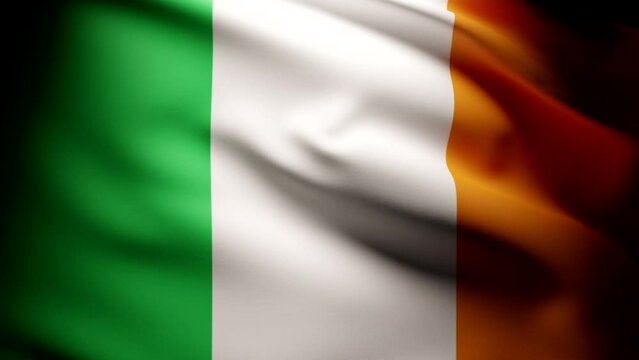 Waving flag of ireland. Irish flag slow motion photorealistic animation. Contrast artistic light.