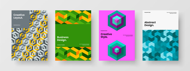 Premium magazine cover vector design layout bundle. Original geometric pattern company brochure illustration set.