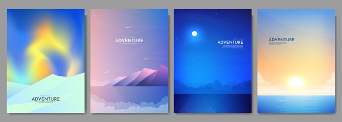 Vector illustration. A set of poster landscapes. Geometric minimalist flat style. Aurora borealis, evening by water, night with moon reflection in water, sunset by river. Design for cover, layout