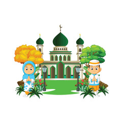 kids with mosque background