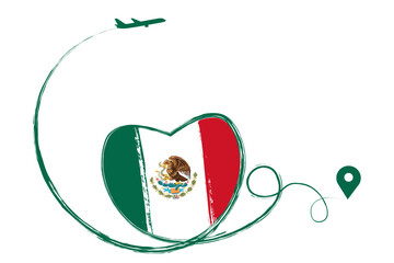 Flag Mexico. Heart, love romantic travel. Symbol of airplane, air plane, aircraft, aeroplane, flying, fly jet airline. Line path. Vector location pointer route. Travel for your web site design, logo, 
