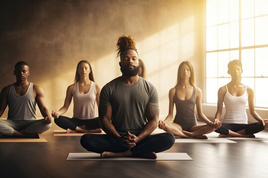 Group meditation in yoga studio, breathing exercises, men and women meditating and breathing with eyes closed, breathing concept