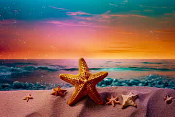 Fototapeta na wymiar a starfish on the beach in summer at night with stars in sky