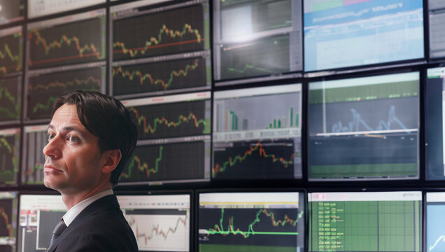 illustrazione Generative Ai con primo piano di trader finanziario in una sala contrattazioni, sfondo con monitor e dati dei mercati