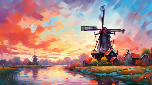 Illustration of a beautiful rural landscape with windmills