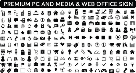 Fototapeta na wymiar black and white icons set of premium icons for PC AND MEDIA Icons collection | set of 200 premium web office icons | Set vector line icons in flat design Media Signs with elements for mobile concepts 