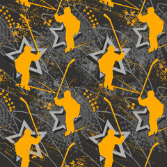 Gray seamless hockey pattern with Gold stars and winner child hockey player.