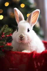 Obraz premium A white rabbit sitting in a red basket next to a christmas tree. Generative AI.