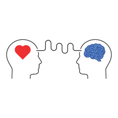 connection of mind and heart with heads. flat linear modern simple iq or bias logotype graphic design isolated on white background. psychoanalysis with mentor or behavior help and emotional intellect